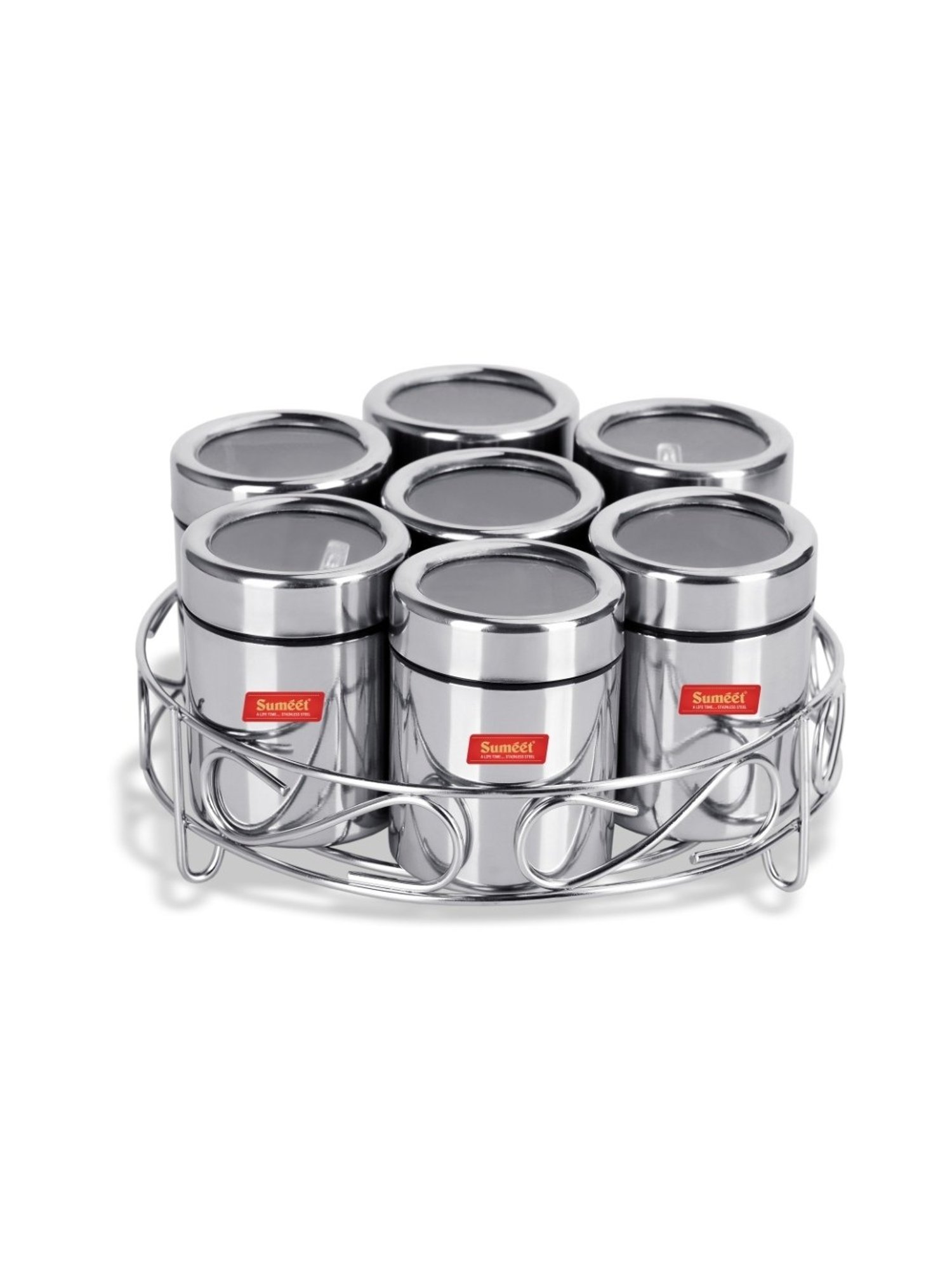 Sumeet 7in1 Stainless Steel + See through Lid Masala Stand / Dry Fruit Stand with Stand and 7 Spoons
