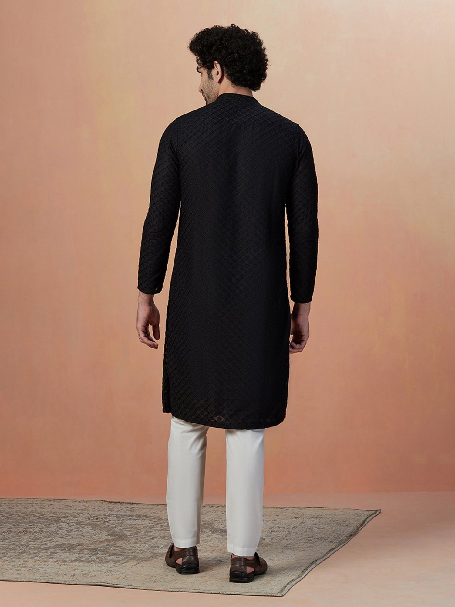 Manyavar Black & Light Beige Embroidered Kurta & Pyjama Set