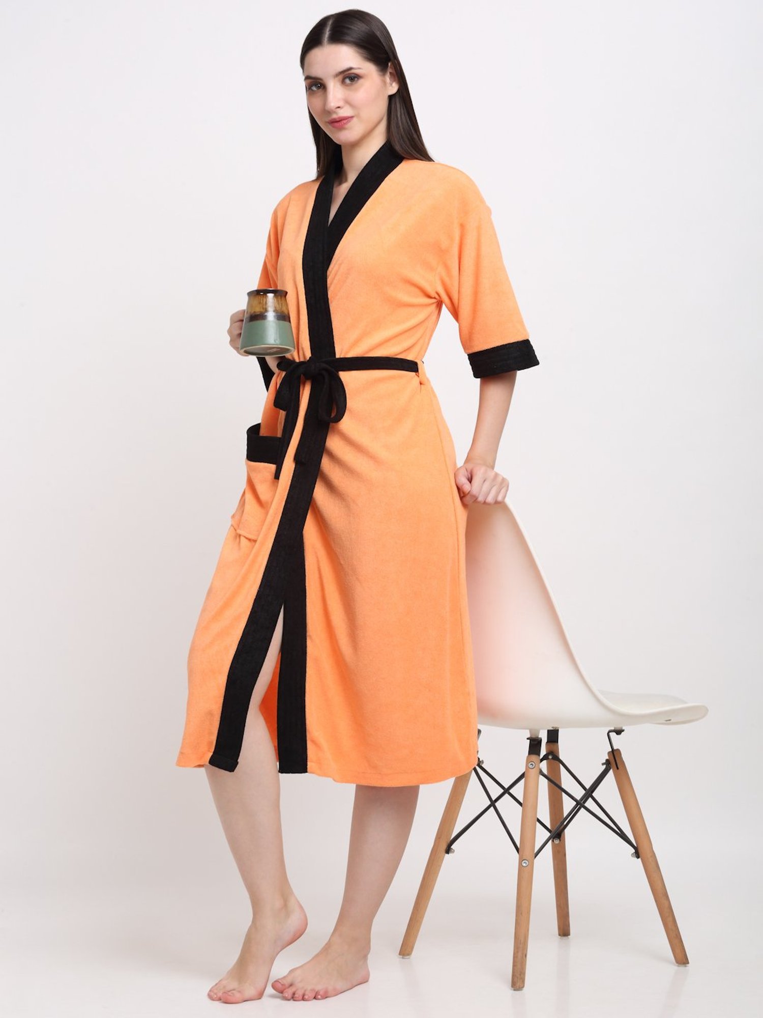 Creeva Everyday Orange & Black 225 GSM Micro Terry Bathrobe with Front Pocket & Kimono Collar