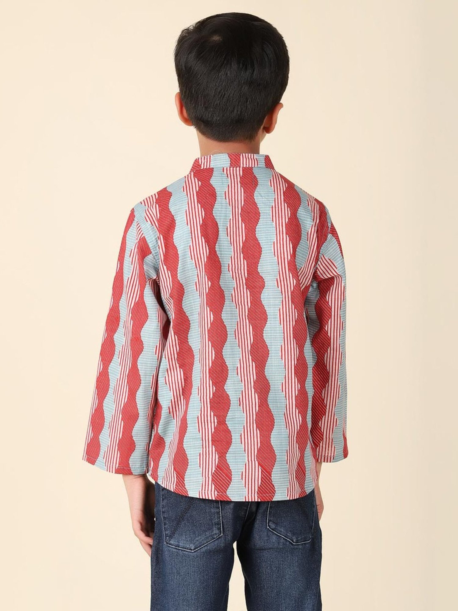 Fabindia Kids Red & Blue Cotton Printed Full Sleeves Kurta
