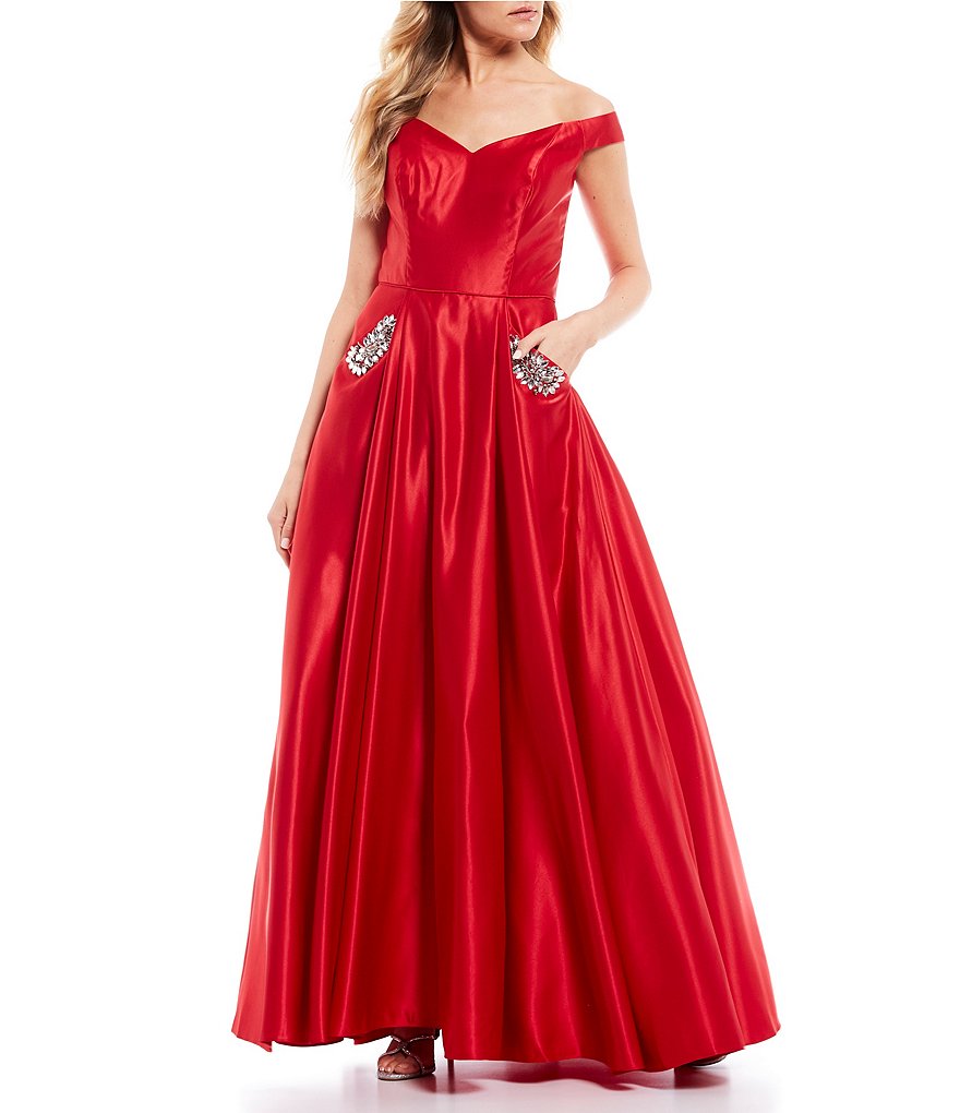 Blondie Nites Off the Shoulder Beaded Pockets Ball Gown