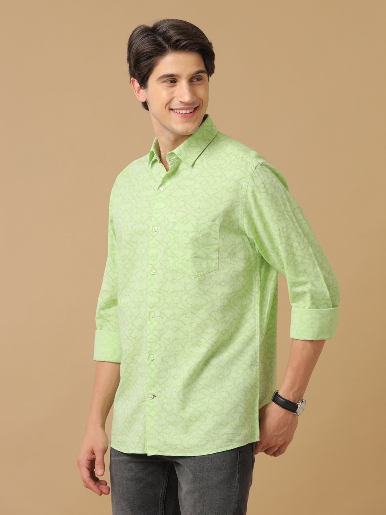 CAVALLO by Linen Club Green Contemporary Fit Printed Shirt