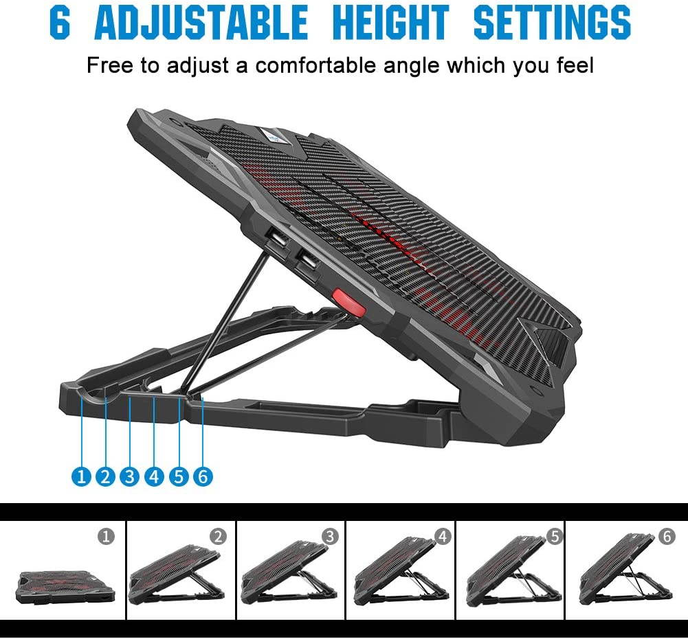 Pccooler Laptop Cooling Pad, Laptop Cooler with 5 Quiet Red LED Fans for 12-17.3 Inch Laptop, Dual USB 2.0 Ports, Portable 6 Angle Adjustable Laptop Stand for Gaming Laptop (PC-R5)