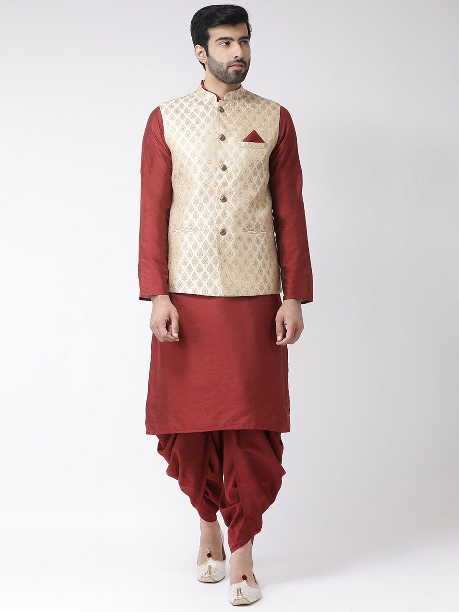 KISAH PLUS Beige & Maroon Regular Fit Jacquard Kurta Set With Jacket