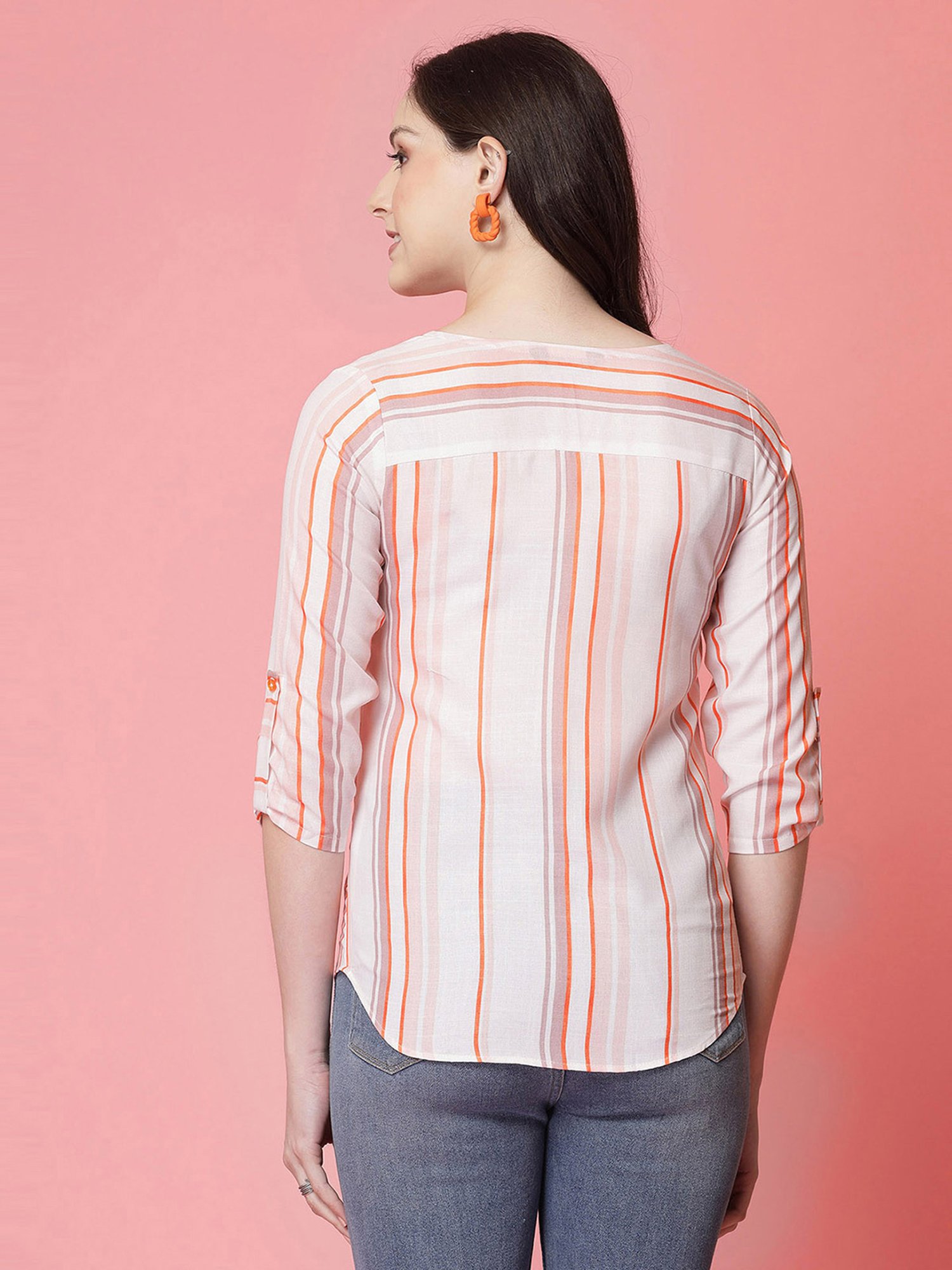 SELVIA White & Orange Striped Top