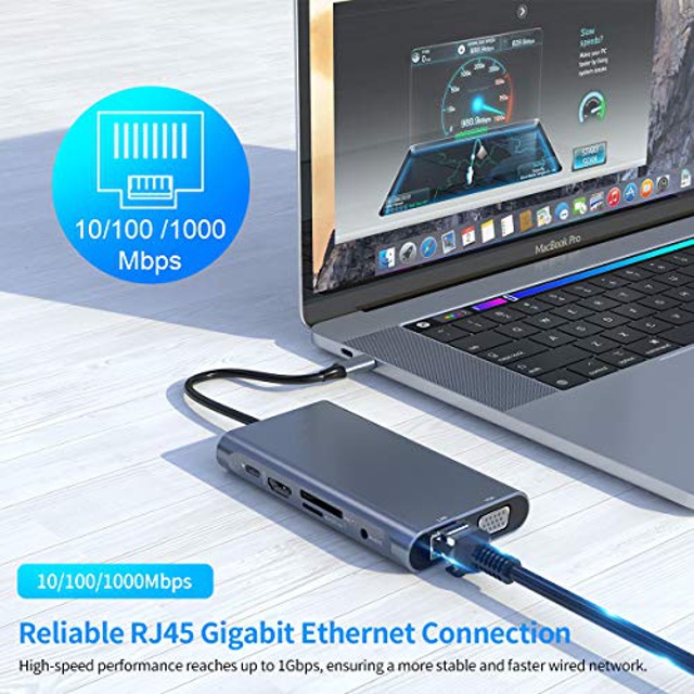 10 in 1 USB C Hub, Double Display USB C Docking Station with 4K HDMI, VGA,Gigabit Ethernet, Power Delivery Type C Port, SD/TF Card, 3 USB, Audio, USB C Dock Compatible for MacBook, Other USB C Laptop