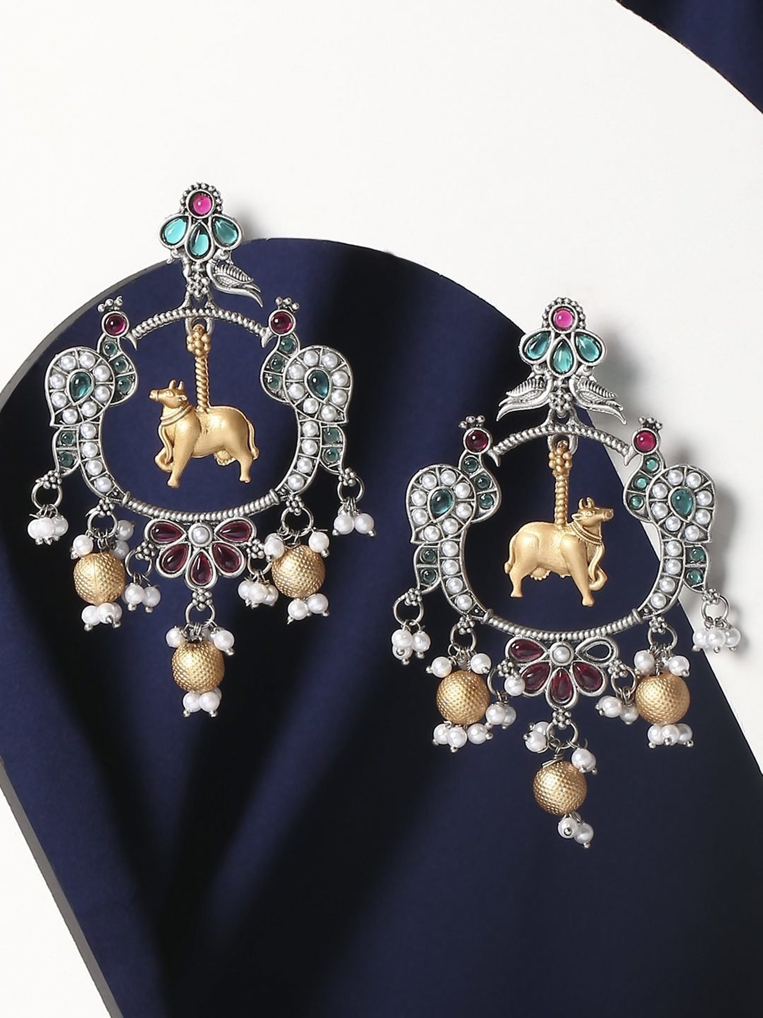 OOMPH Oxidised Silver Ethnic Nandi Cow and Peacock Design Jadau Style Dangler Earrings