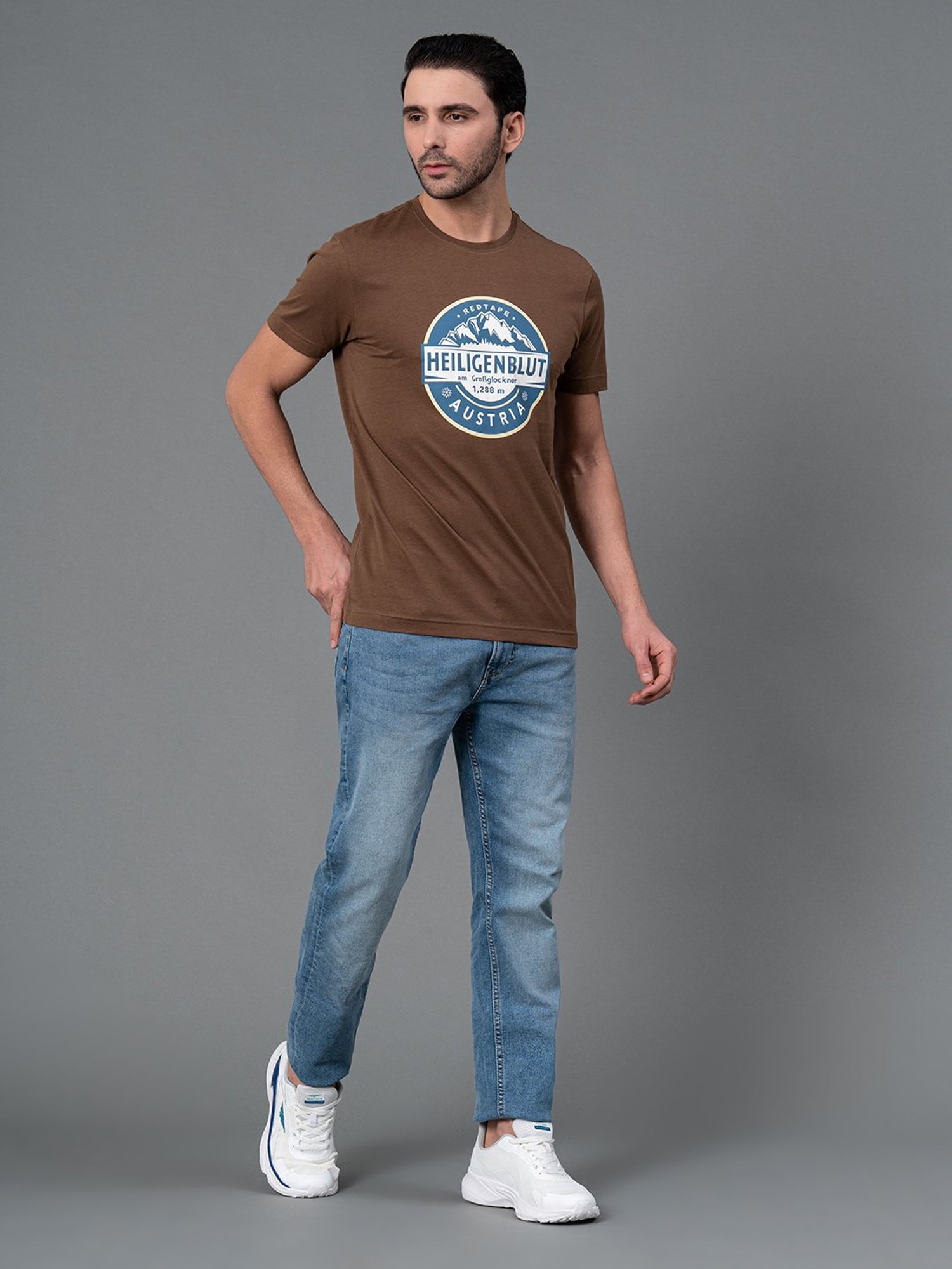 Red Tape Brown Regular Fit Graphic Print Cotton Crew T-Shirt