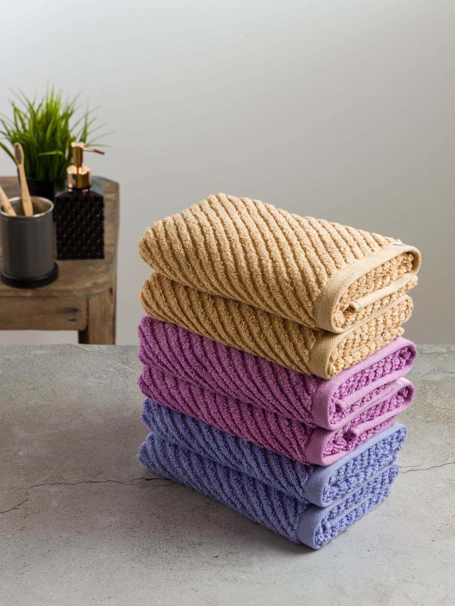 Nautica Cross View Wheat, Lilac & Grapemist Cotton 600 GSM Fluffy Zero Twist Hand Towel - Set of 6