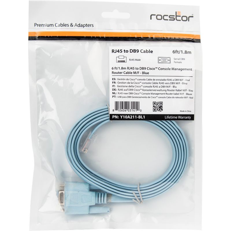 Rocstor Premium 6 ft Cisco&reg; console router cable - RJ45 (m) - DB9 (f) - RJ-45 Male Network - DB-9 Female Serial - Blue - Blue Cisco Router Cable