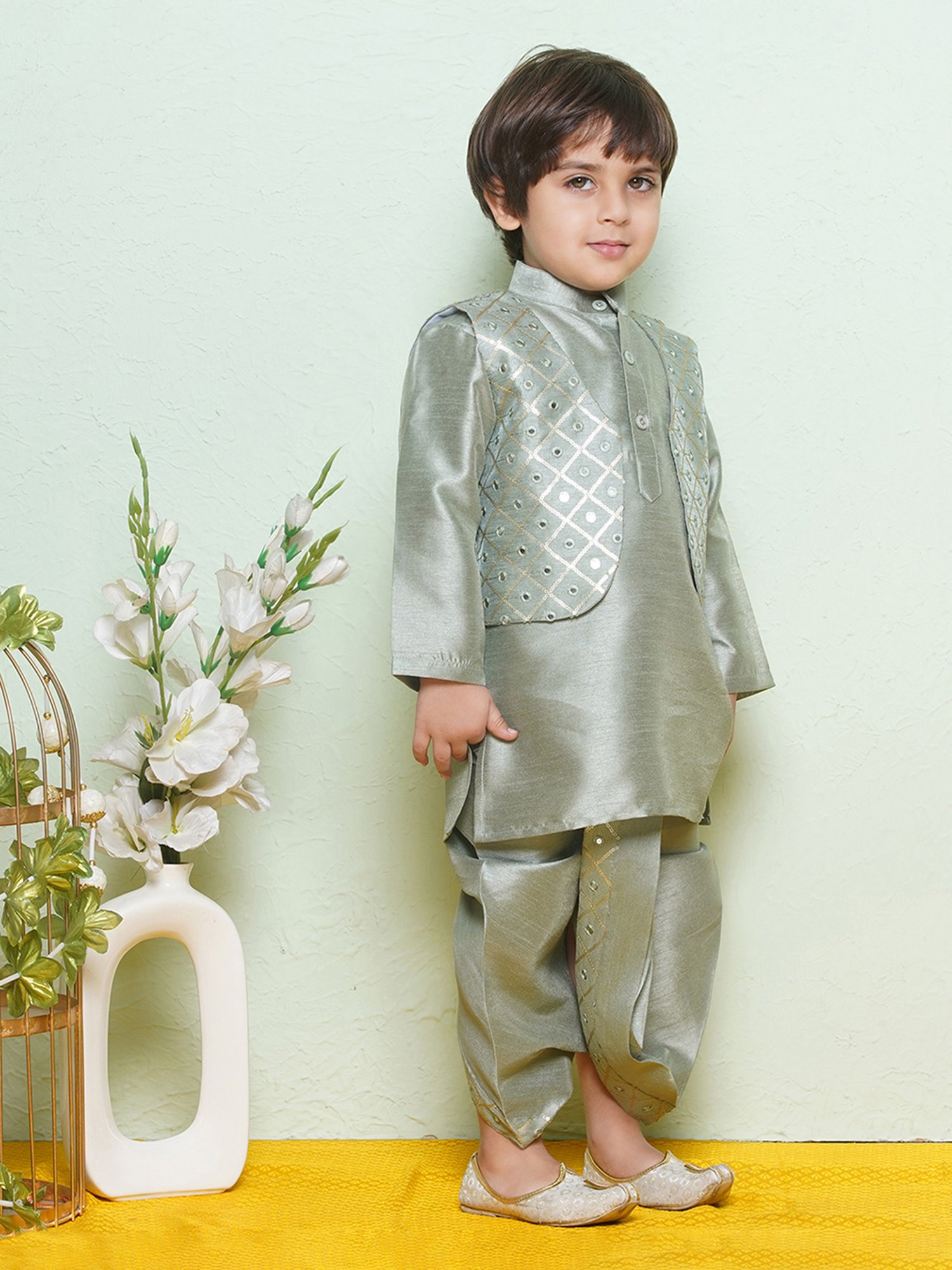 AJ Dezines Kids Green Embellished Full Sleeves Kurta, Dhoti with Waistcoat