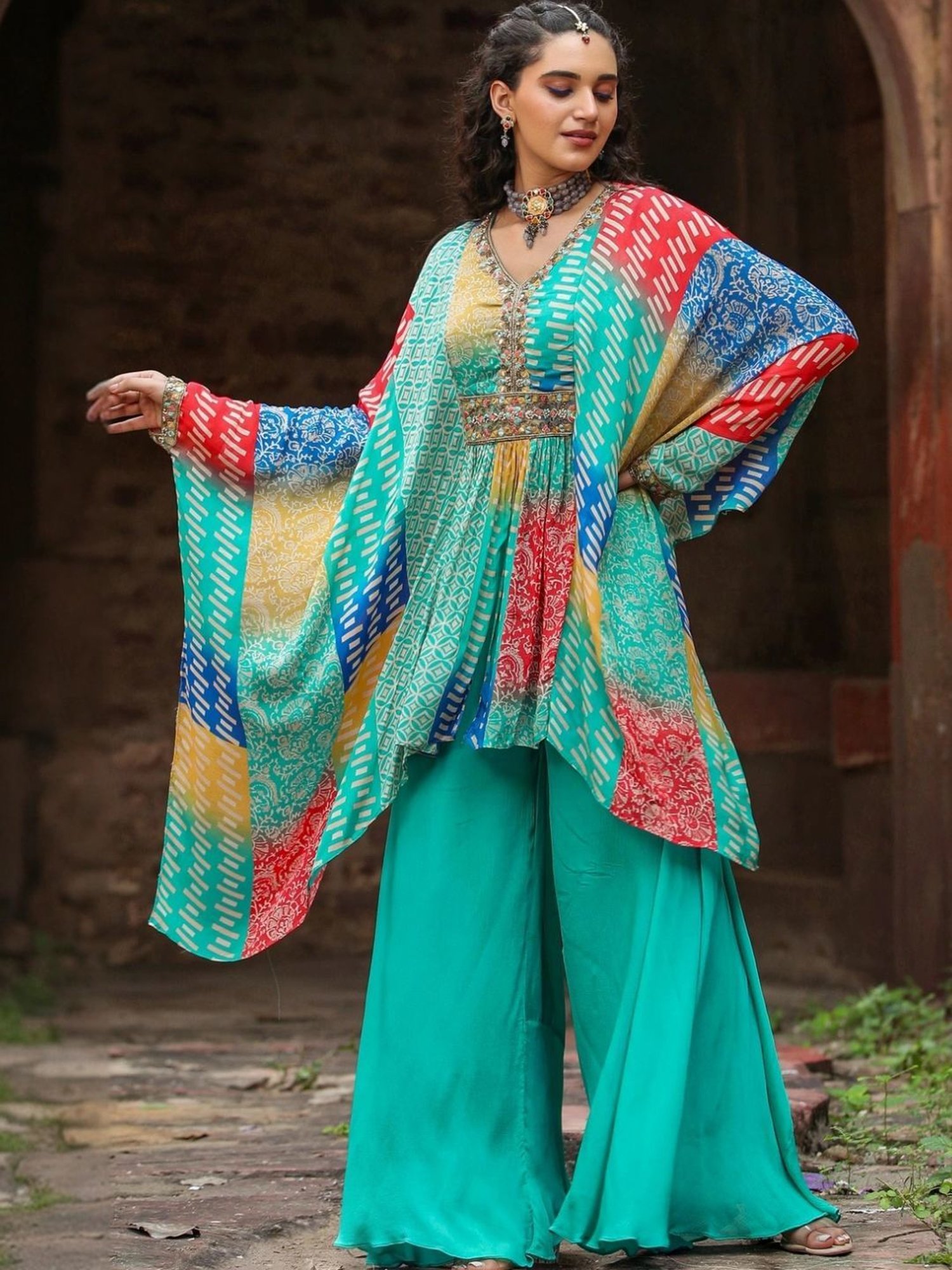 Scakhi Turquoise Chinon Silk Printed Co-ord Set Kaftan With Sharara