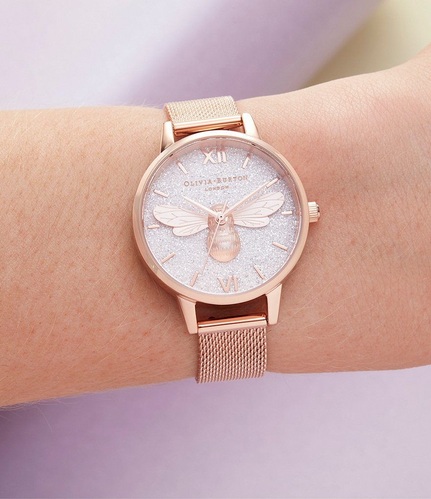 Olivia Burton Glitter Dial Lucky Bee Rose Gold Mesh Watch