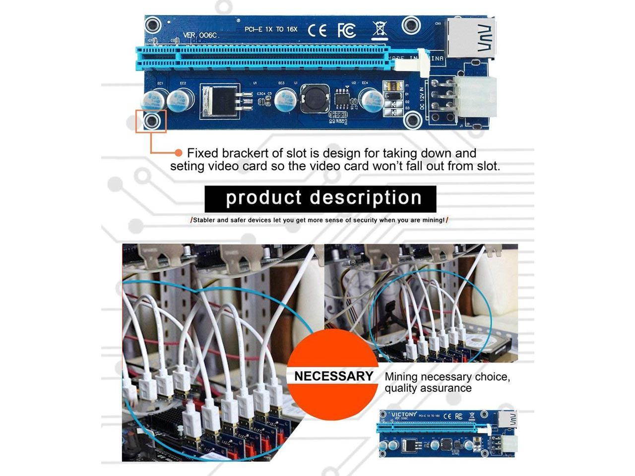 PCI-E Riser for Bitcoin-Litecoin-ETH Coin PCIe VER006C 6 PIN 16x to 1x Powered Riser Adapter Card 6-Pin PCI-E to SATA Power Cable-GPU Riser Adapter-Ethereum Mining ETH (6 PCS)
