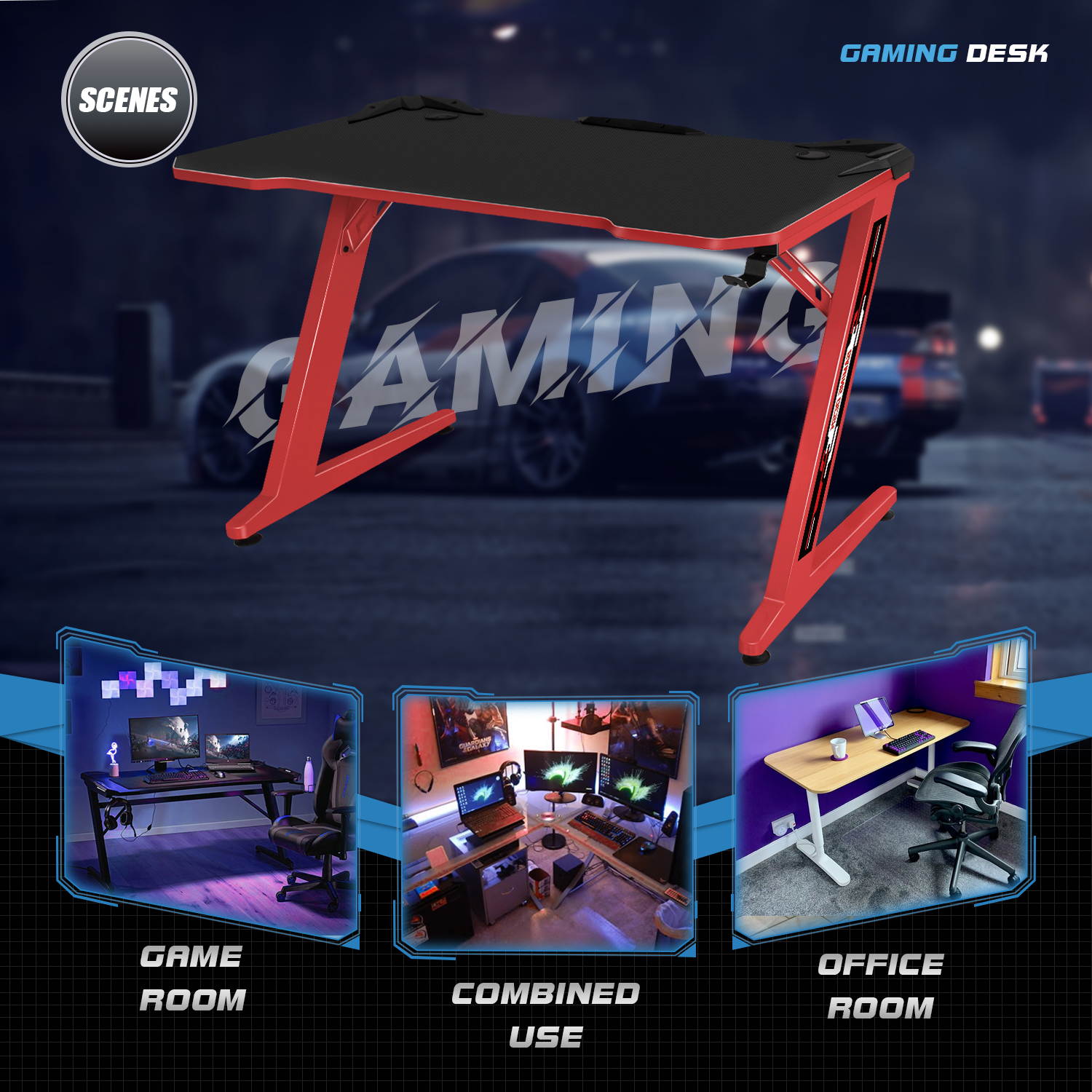 Homall Computer Gaming Desk Large Carbon Fiber Surface Computer Table Z-shaped Feet PC Desk with Cup Holder Headphone Hook Game Handle Rack (Black)