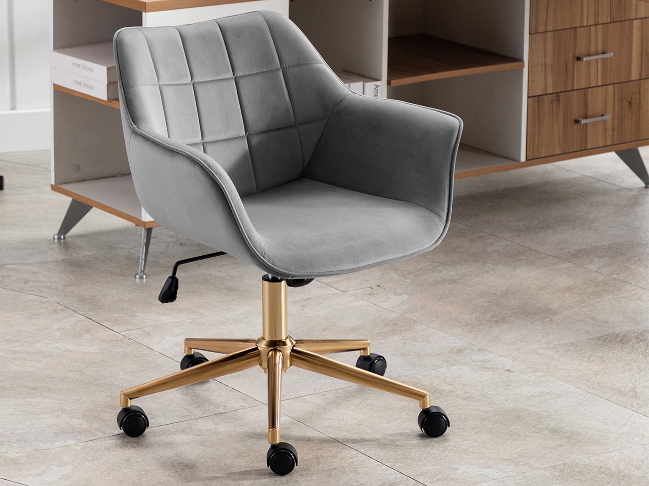 Swivel Height Adjustable Task Chair with Arms Velvet Upholstered Office Chair with Gold Base