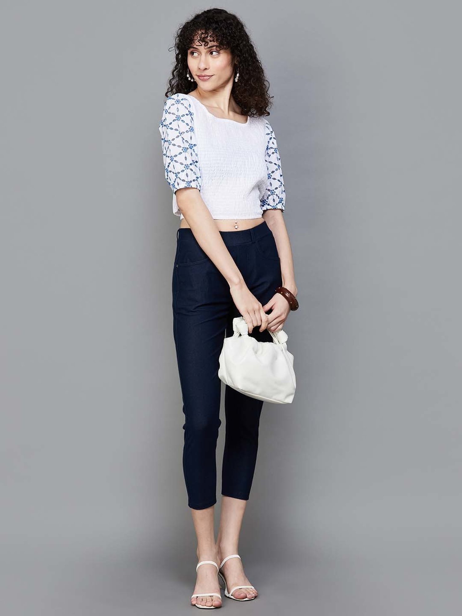 Colour Me by Melange Off-White Cotton Embroidered Crop Top