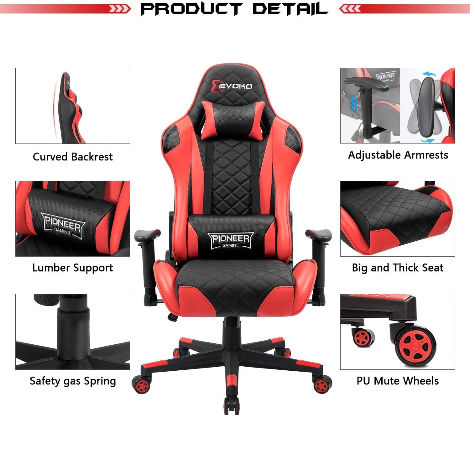 Gaming Chair, Racing Style Computer Desk Chair Padded Armrests Ergonomic Lumbar Support Adjustable Height