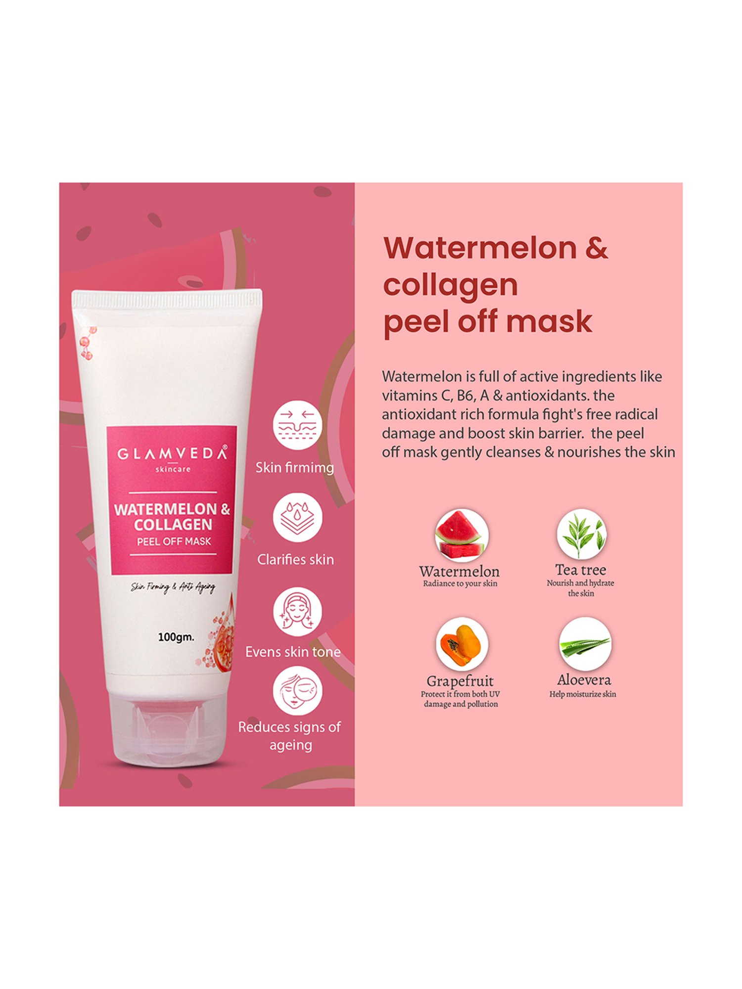 Glamveda Watermelon & Collagen Face Wash, Facial Kit and Peel Off Mask Combo