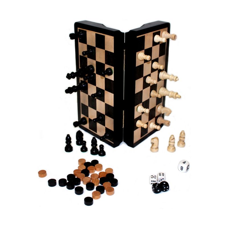John N. Hansen Co. Classic Game Collection - 8" Magnetic Dark Wood 3 in 1 Game Set