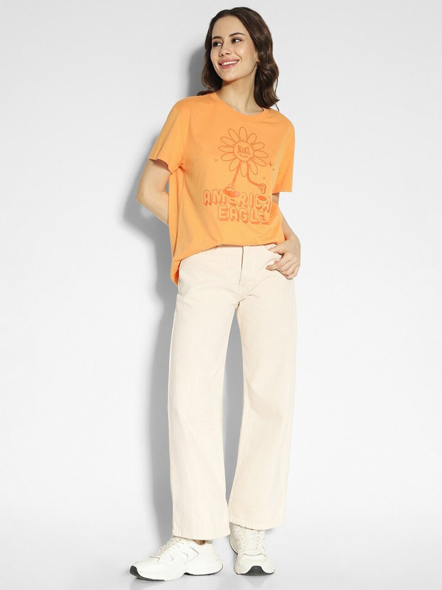 American Eagle Outfitters Orange Cotton Graphic Print Oversized T-Shirt