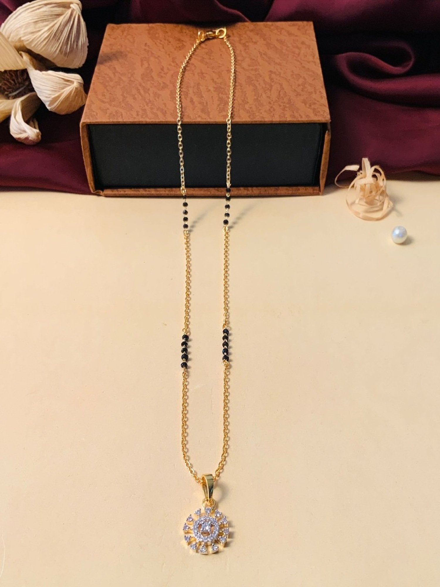 Abdesigns Gold-Plated American Diamond & Black Beaded Mangalsutra