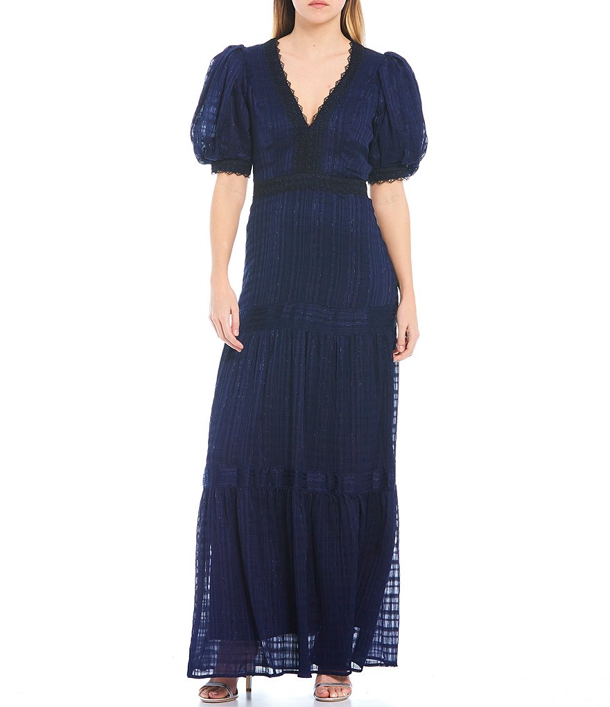 Belle Badgley Mischka Willow Lace Trim Volume Sleeve Maxi Dress