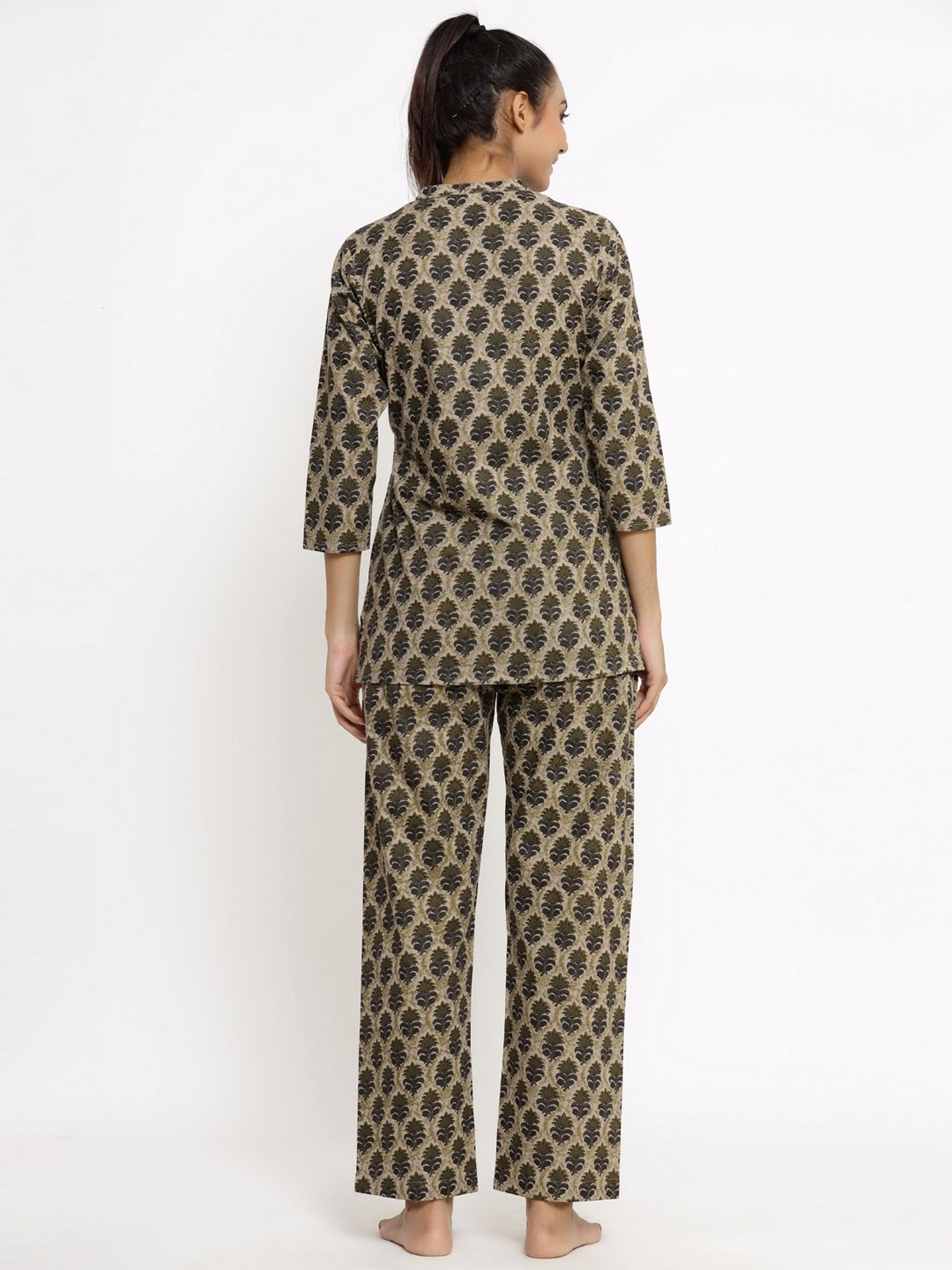 Kipek Beige & Green Cotton Printed Tunic Pyjama Set