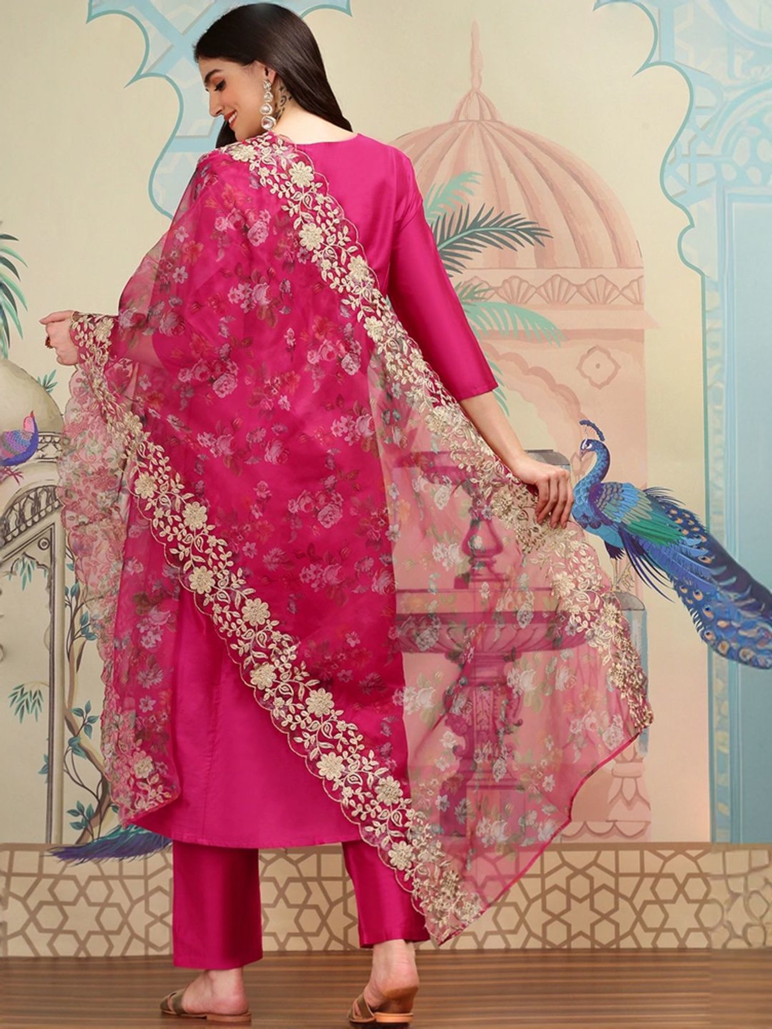 Ishin Pink Plain Kurta & Pants Set with Dupatta