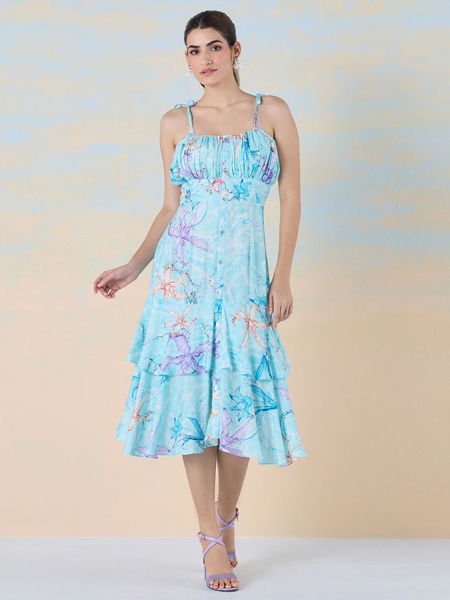 navyasa by liva Sky Blue Printed Ethnic Dress