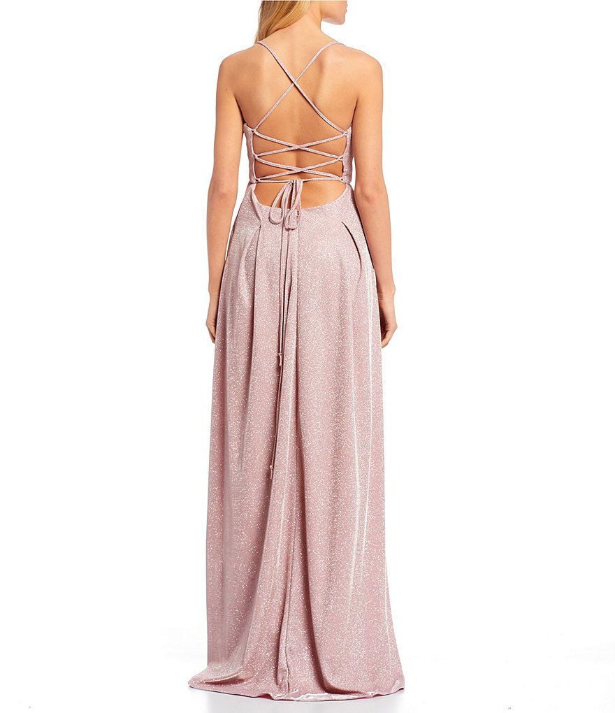 Jump Spaghetti Strap Lace-Up Back Metallic Shimmer Long Dress