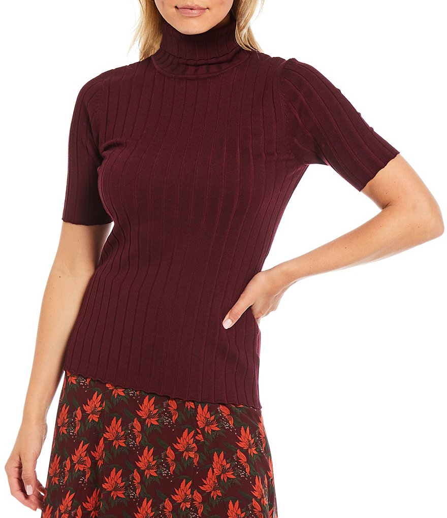 Julie Brown Twiggy Stretch Knit Turtleneck Short Sleeve Pullover Top