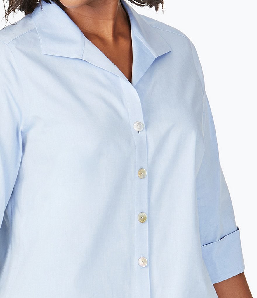 Foxcroft Plus Size Pandora 3/4 Sleeve Spread Point Collar Neck Button Front Shaped Tunic