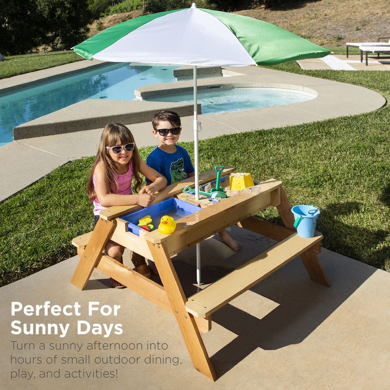 Best Choice Products Kids 3-in-1 Outdoor Convertible Wood Activity Sand & Water Picnic Table w/ Umbrella, 2 Play Boxes