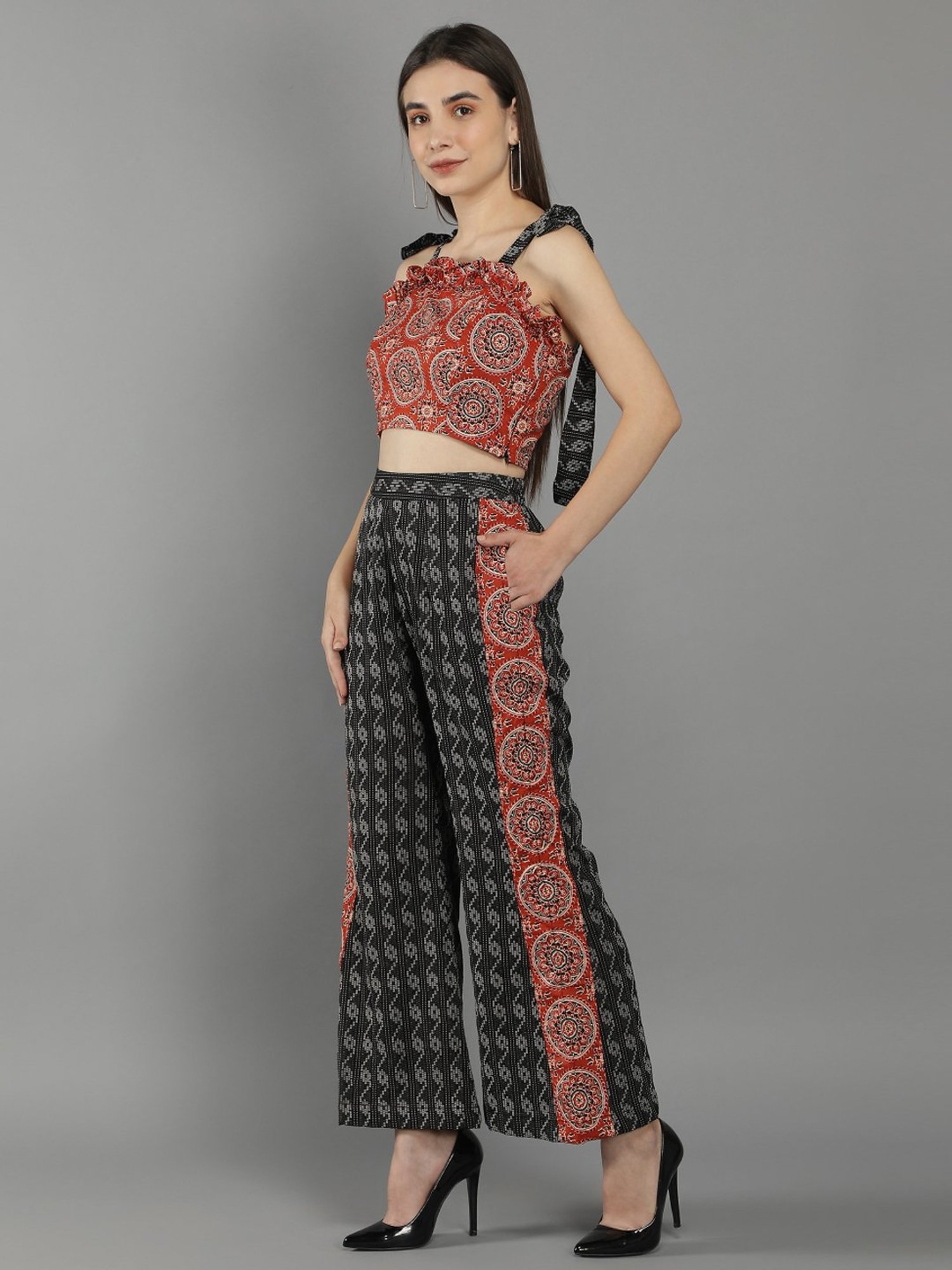 KAORI BY SHREYA AGARWAL Rust & Black Cotton Printed Crop Top Palazzo Set