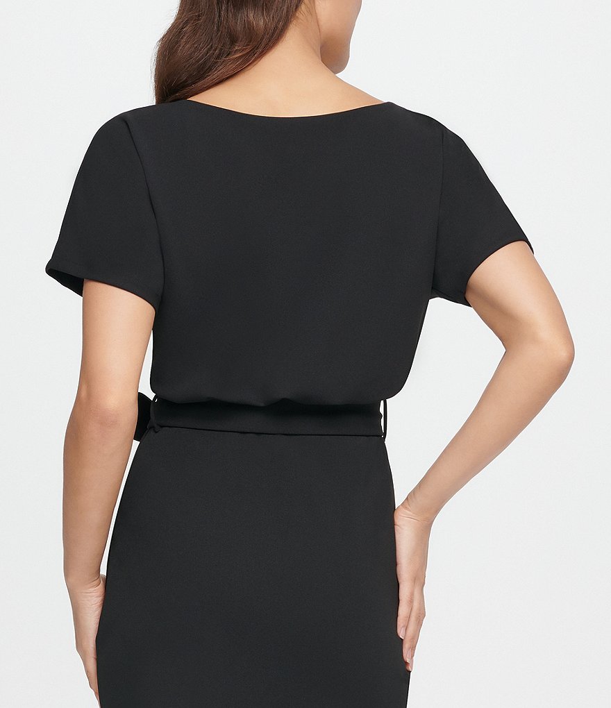 Kensie Textured Knit Boat Neck Tie Waist Short Sleeve Blouson Dress