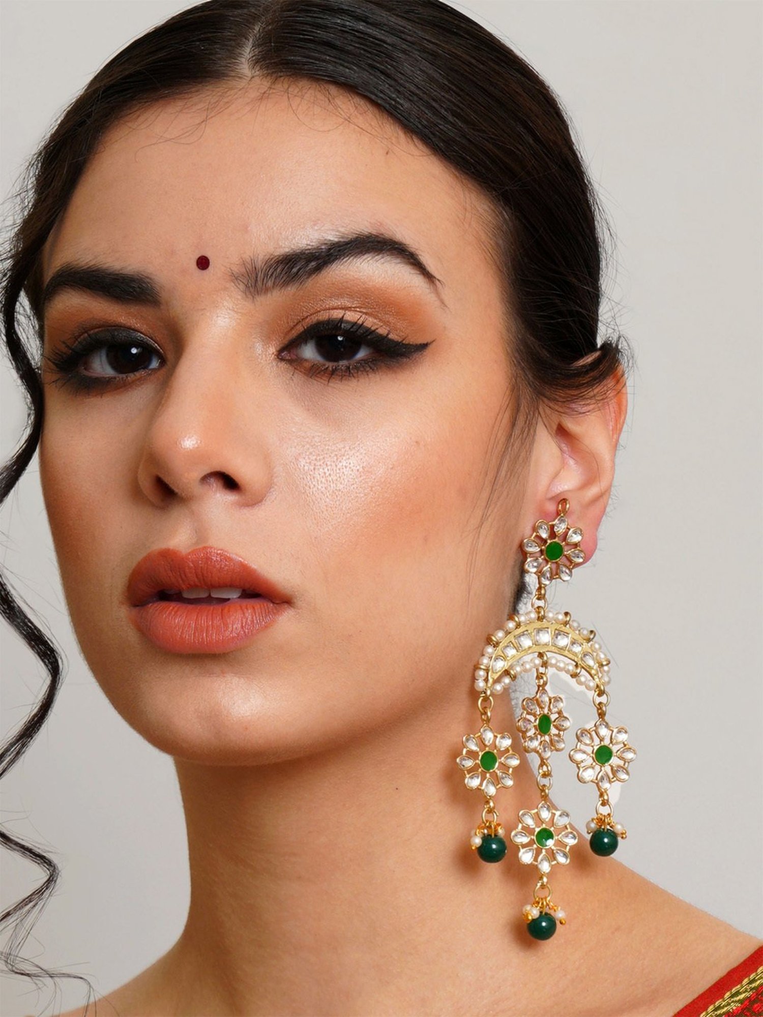 Karatcart Gold-Plated Floral Green Meena Kundan Dangler Earrings