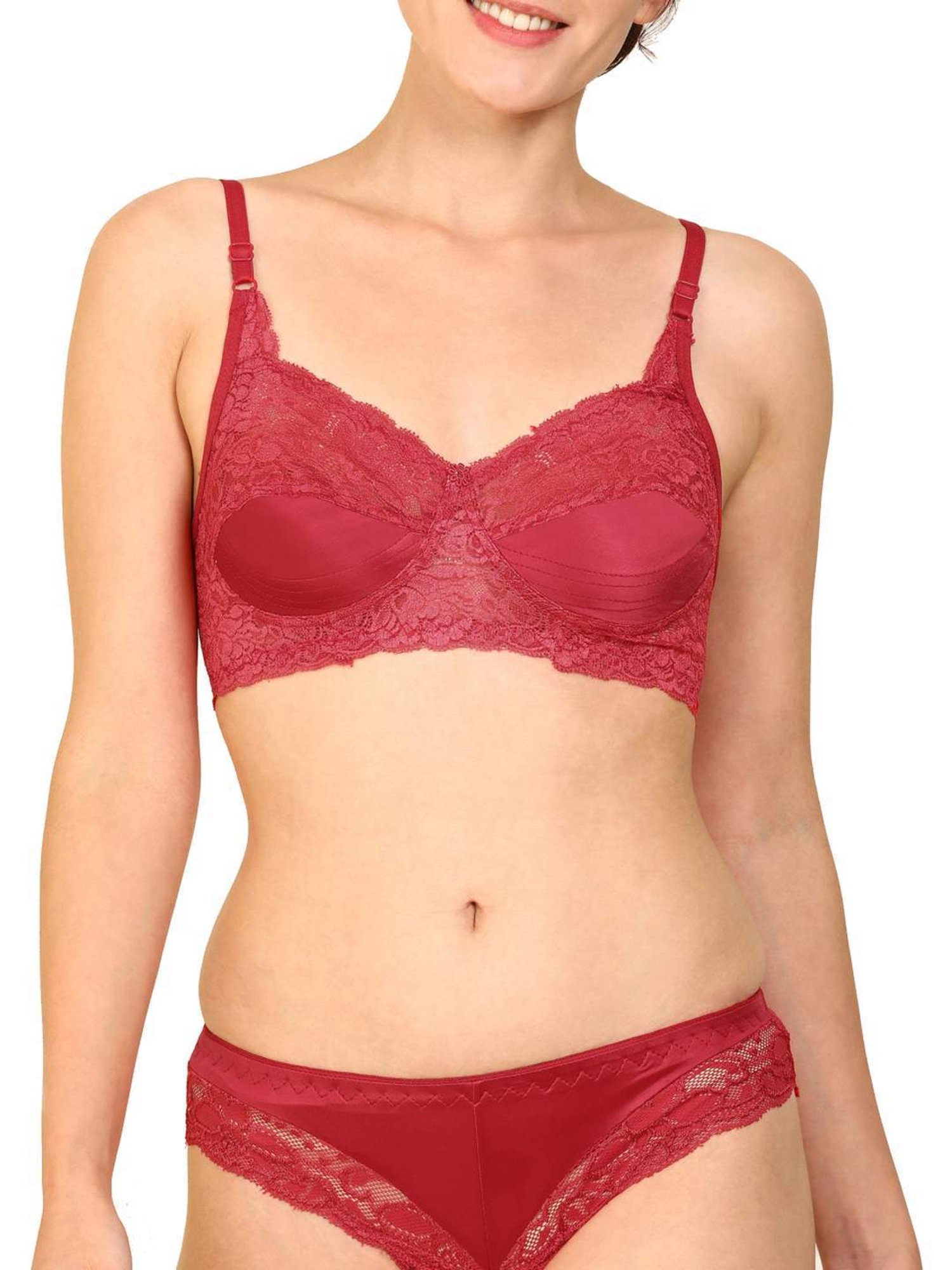 AROUSY Red Cotton Self Pattern Bra Panty Set