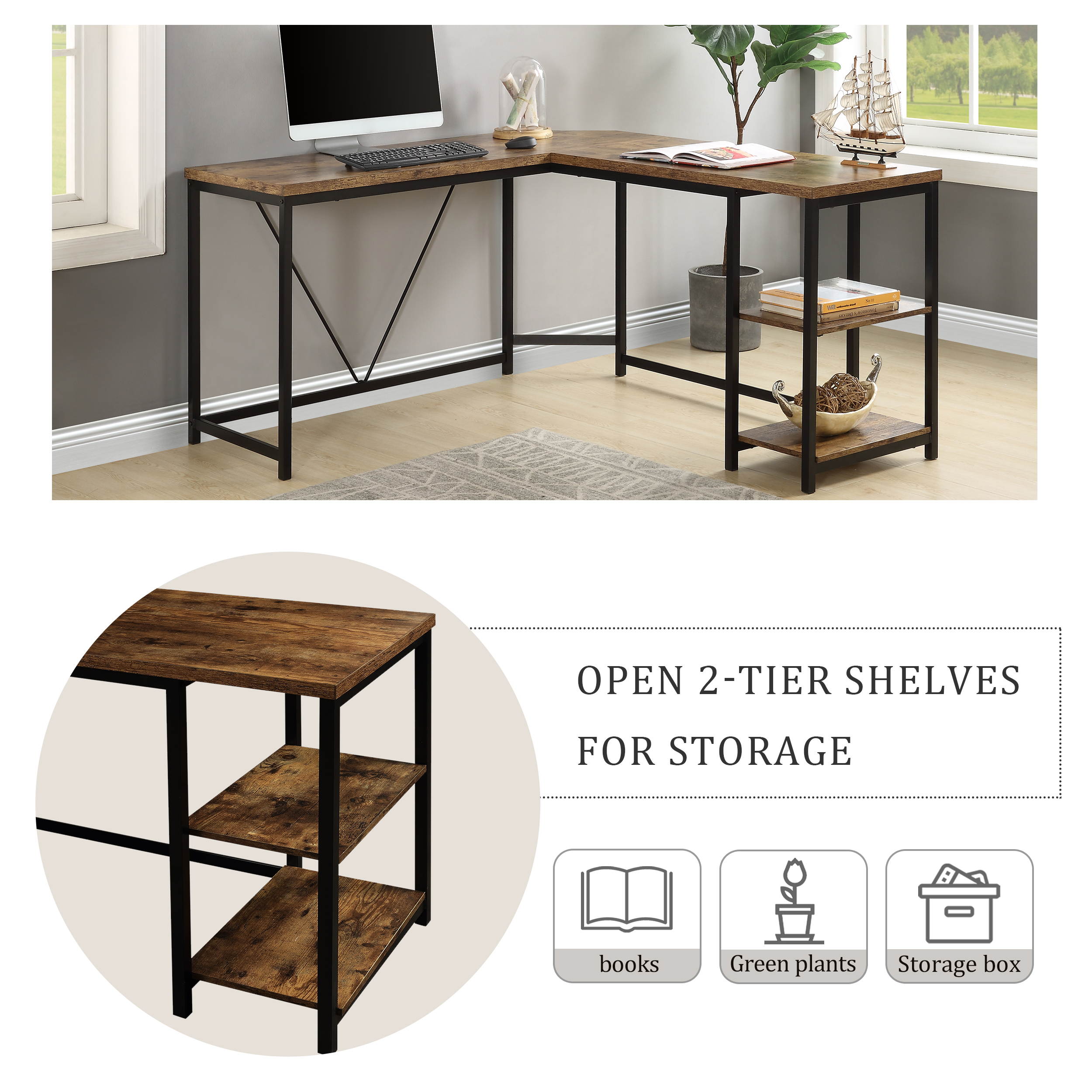 Home Office Desk L-Shaped Computer Desk Gaming Desk with 2-Tier Storage Shelves