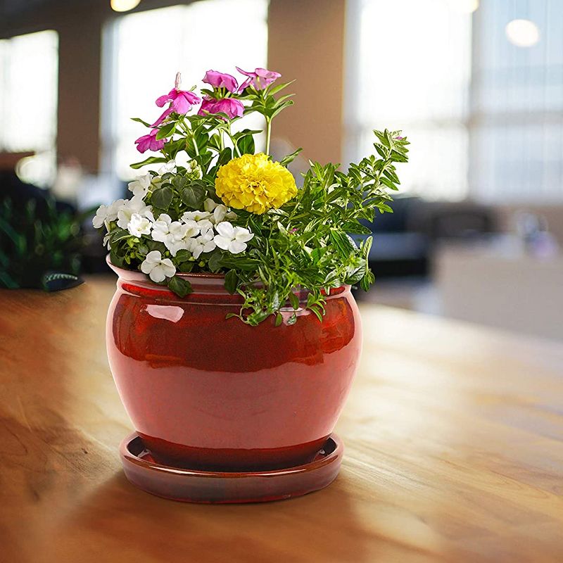 Southern Patio Wisteria 12 Inch Diameter Ceramic Indoor Outdoor Garden Planter Pot Urn with Saucer for Flowers, Herbs, and Plants, Red