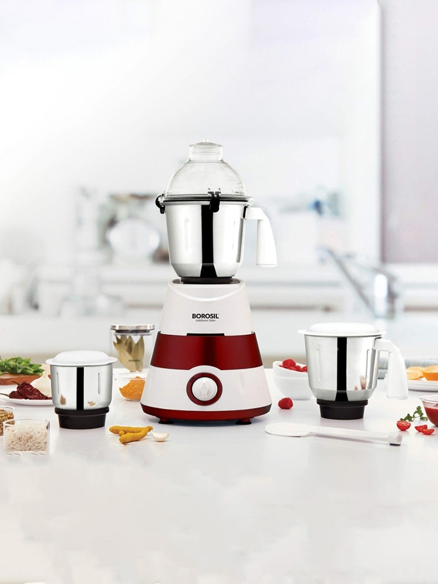 Borosil Stainless Steel Mixer Grinder With 3 Jars ( Red )