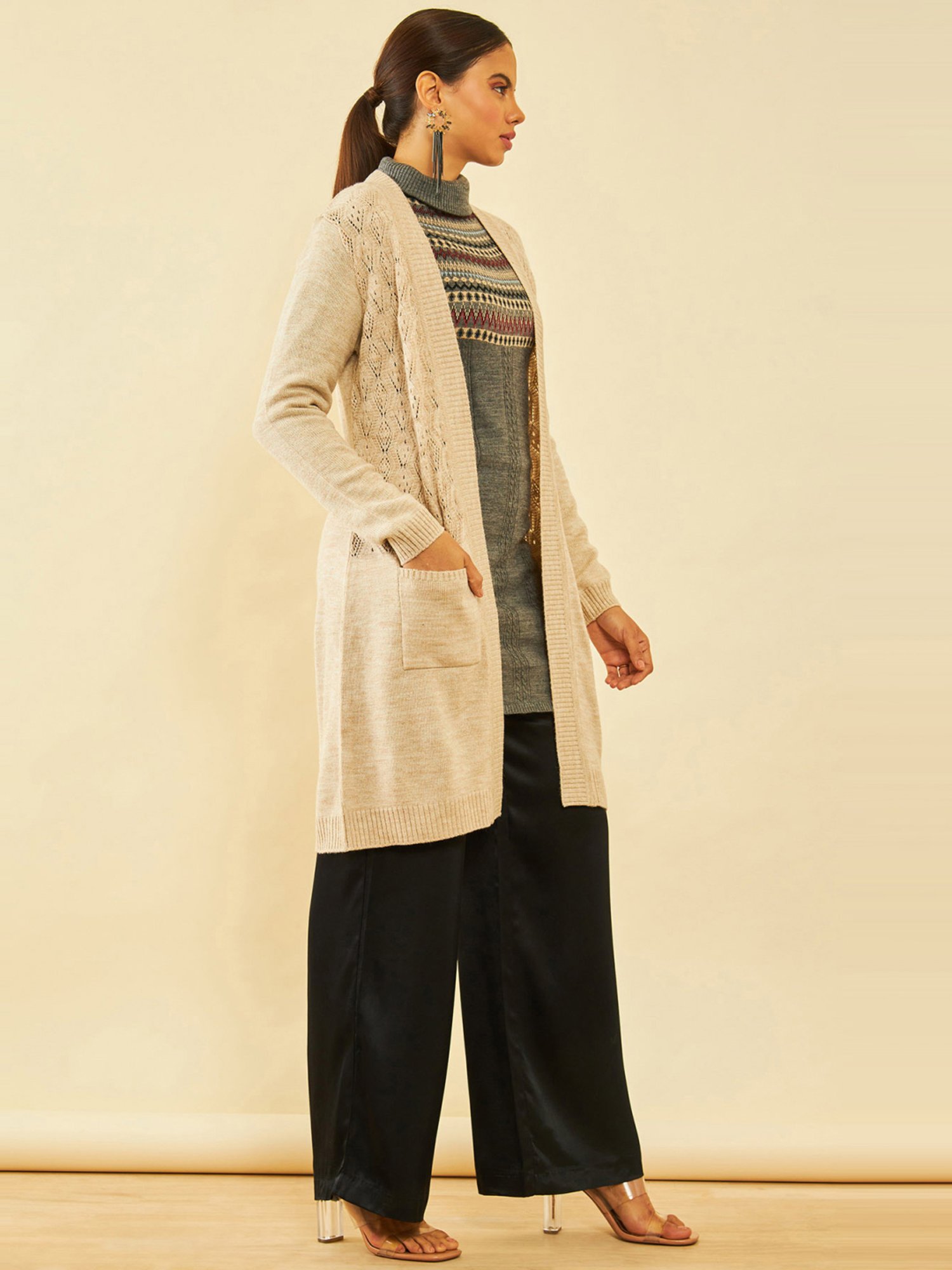 Soch Beige Acrylic Chevron Pattern Knitted Open-Front Longline Shrug