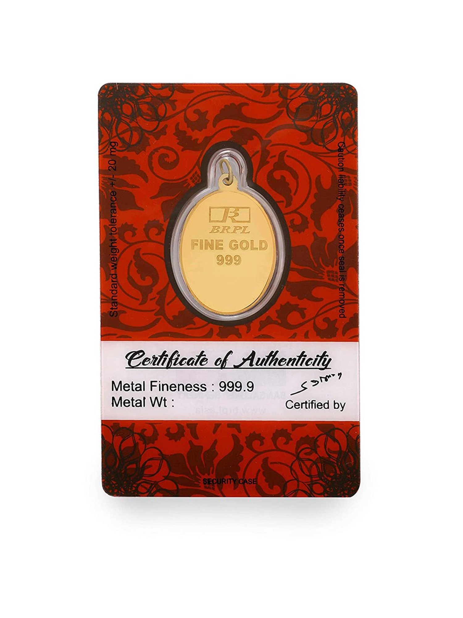 Bangalore Refinery Hanuman 24k (999) 6.2gm Gold Coin cum Pendant