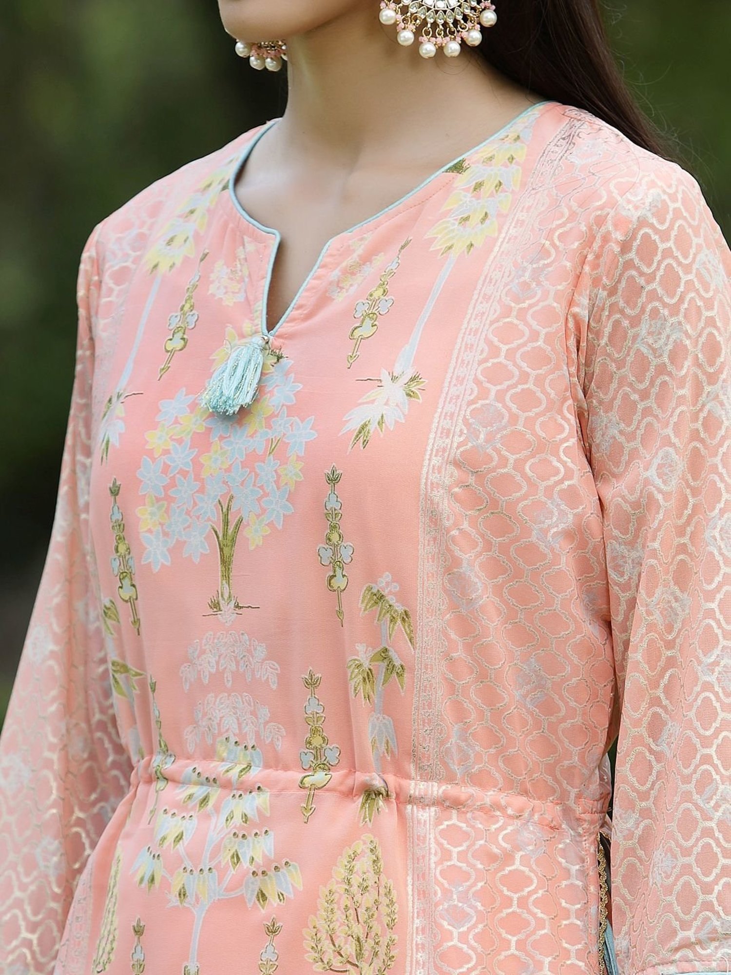 Juniper Orange Ethnic Motif Printed Georgette Kurta Pants & Dupatta Set With Tassels & Lace