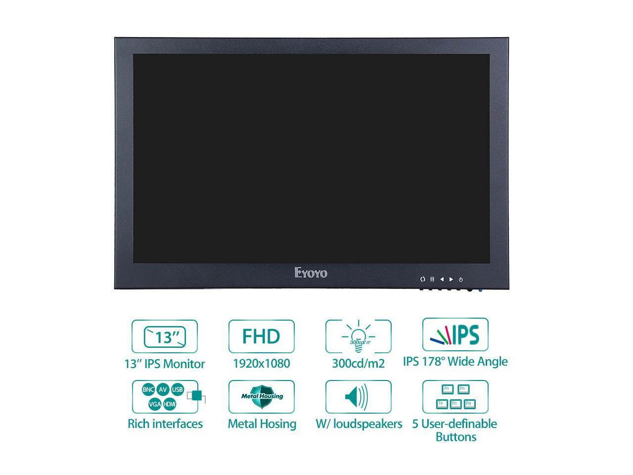 Eyoyo 13" HDMI IPS Monitor Full HD 1920x1080 Video Audio VGA BNC HDMI Input Screen Display For CCTV DVD