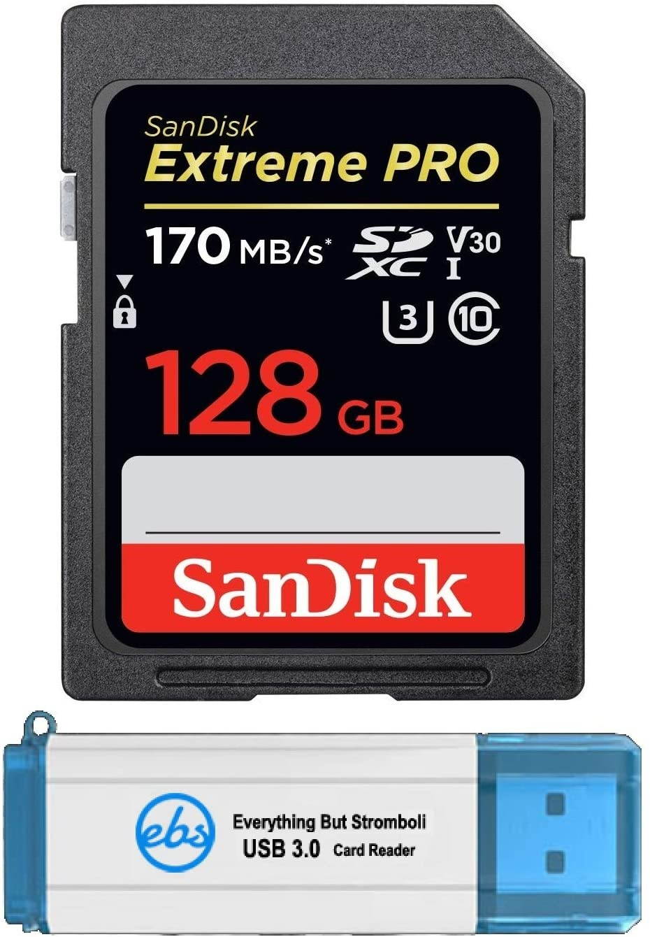 SanDisk 128GB SDXC SD Extreme Pro Memory Card Bundle Works with Canon EOS 5D Mark IV, 6D Mark II, 7D Mark II Digital DSLR Camera 4K (SDSDXXY-128G-GN4IN) Plus 1 Everything But Stromboli (TM) 3.0 Reader