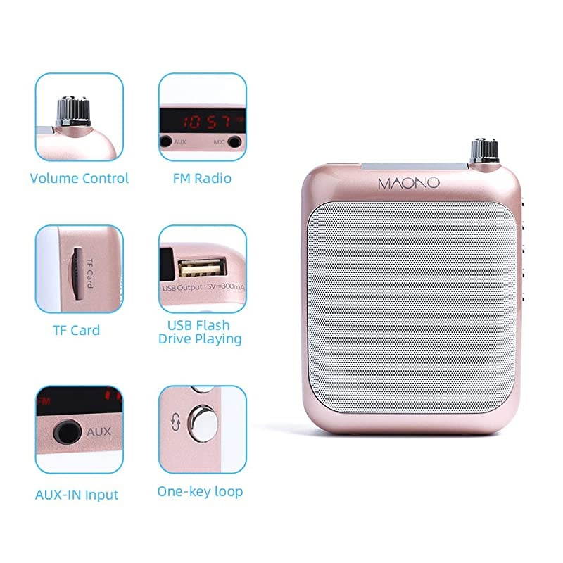 Voice Amplifier  AUC01 Lightweight Cardioid Rechargeable Wired Microphone with Waistband and LED Display Support FMMP3TF Card for Coaches Tour Guides Kindergartener MeetingGold