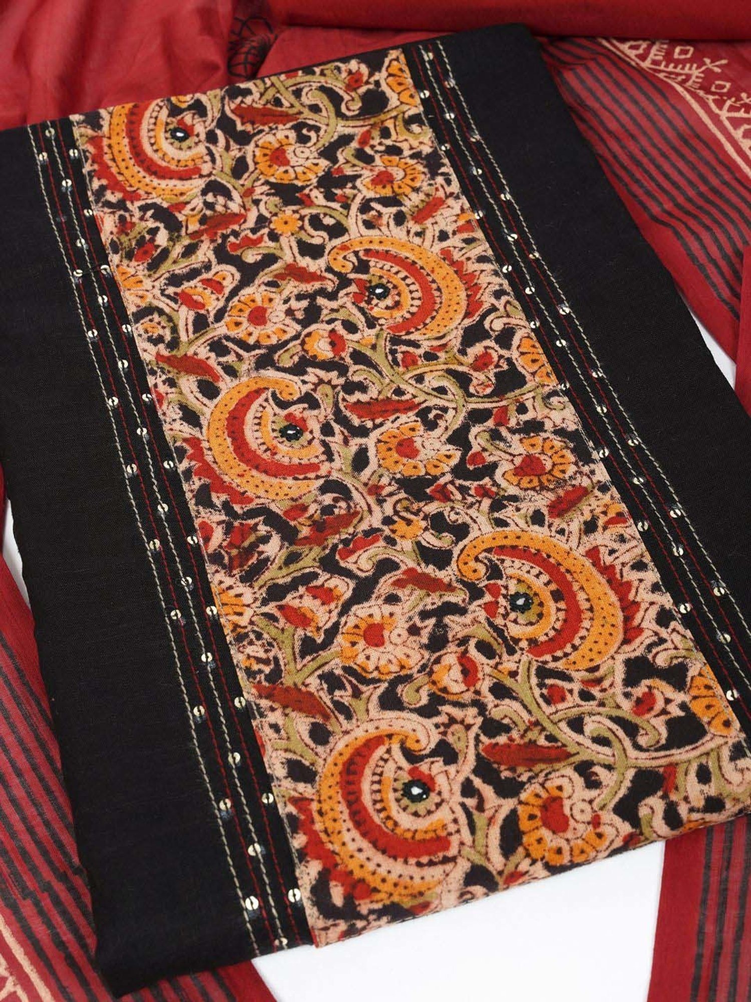 Kami Kubi Black Cotton Embellished Unstitched Dress Material