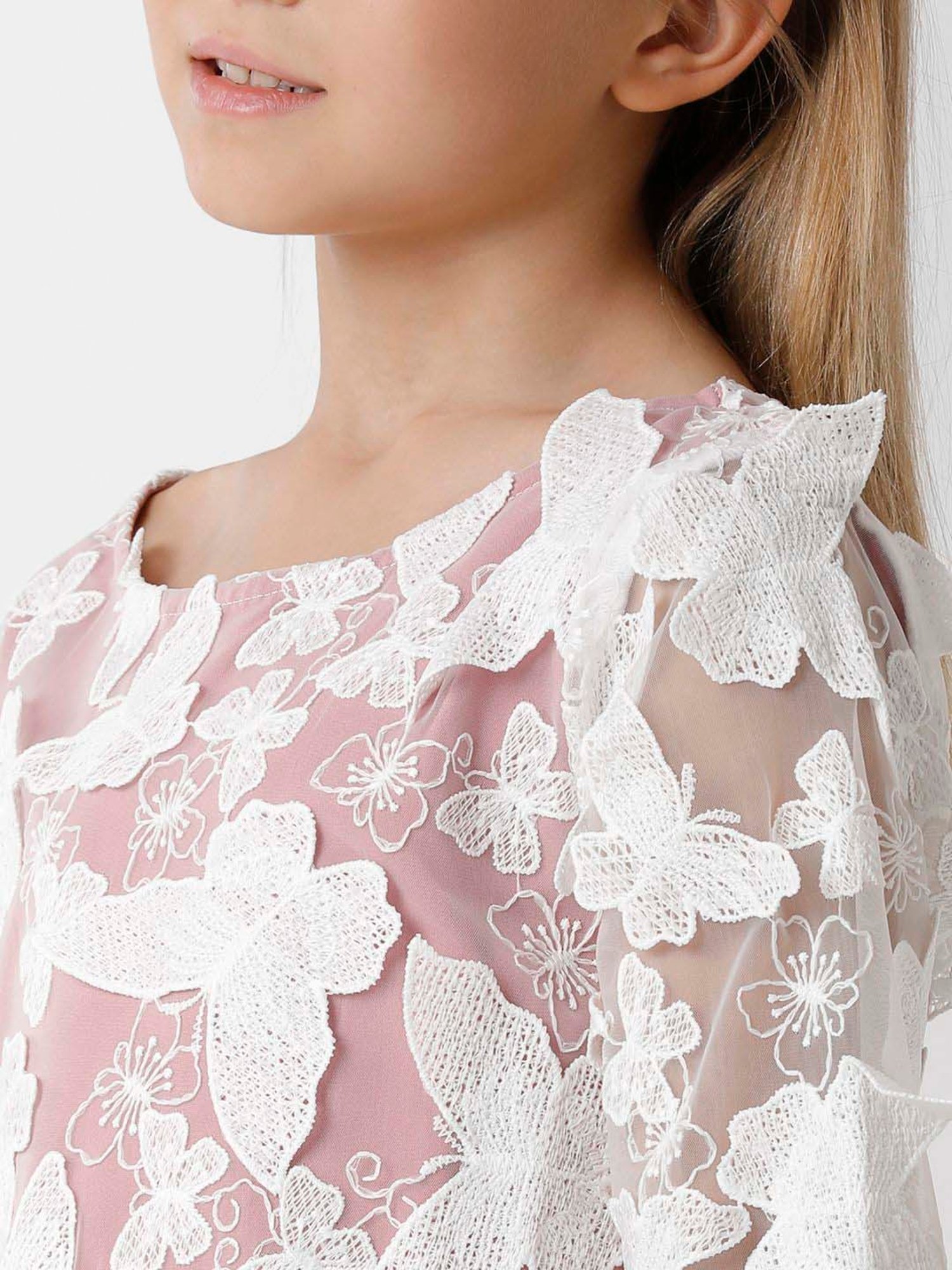 Kate & Oscar Kids White & Pink Embroidered Full Sleeves Dress