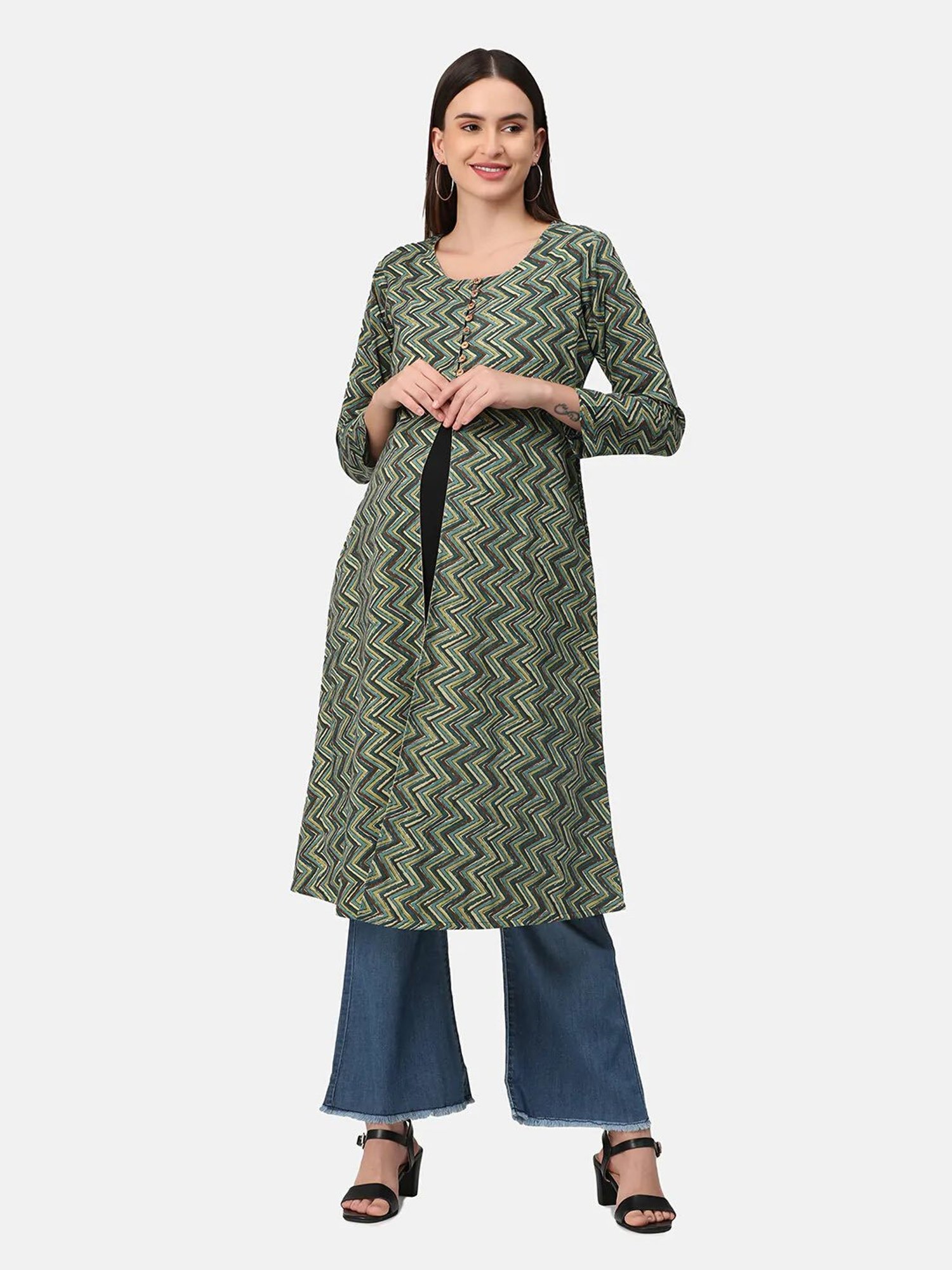 The Mom Store Green Striped Maternity Shacket